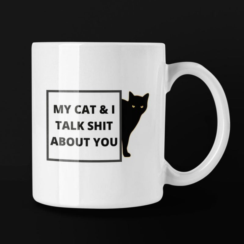 Tailorly White Ceramic 11 oz Mug - My Cat I Talk Shit About You Silhouette Peeking From Behind Square Frame With Glowing Eyes Cat