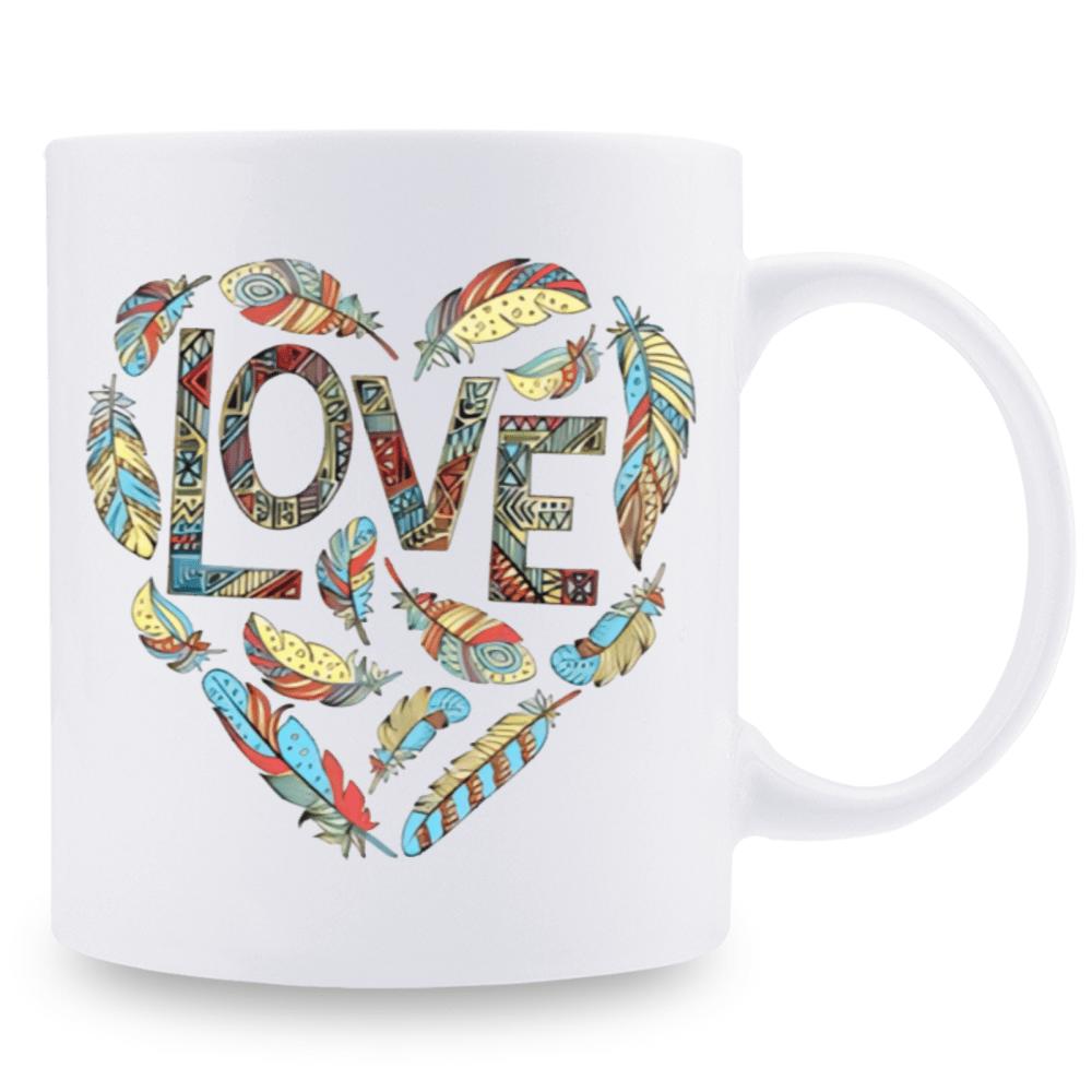 Tailorly White Ceramic 11 oz Mug - Love Colorful Bohemian Feathers Arranged In A Decorative Romantic Tribal Shape Heart