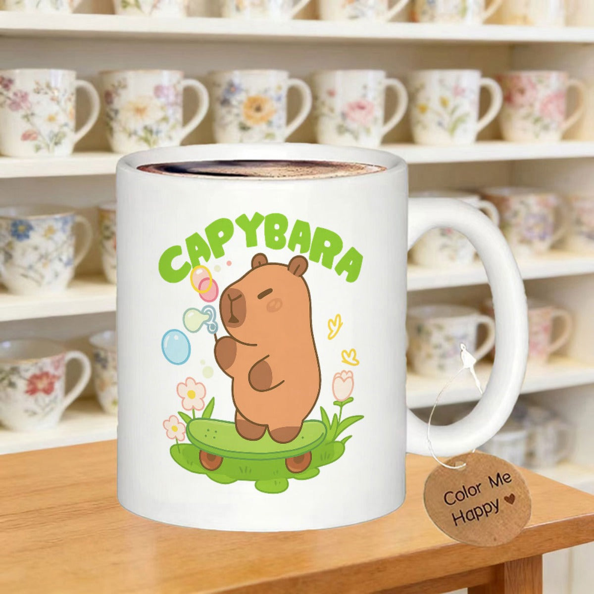 Tailorly White Ceramic 11 oz Mug - Capybara Cute Brown Animal Riding Skateboard Among Flowers Blowing Bubbles Capybara