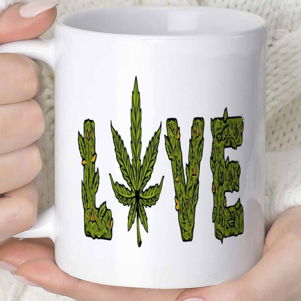 Tailorly White Ceramic 11 oz Mug - Love Vibrant Green Marijuana Leaves Forming Organic Letters Within A Natural Herbal Leaf