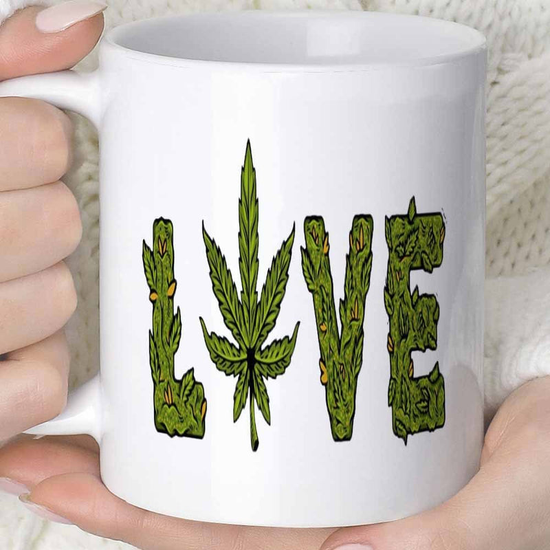 Tailorly White Ceramic 11 oz Mug - Love Vibrant Green Marijuana Leaves Forming Organic Letters Within A Natural Herbal Leaf