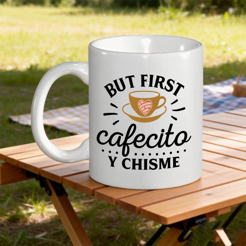 Tailorly White Ceramic 11 oz Mug - But First Warm Brown Coffee Cup With Heart Shaped Latte Art On Saucer Cup