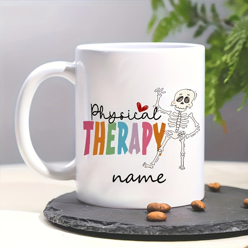Tailorly White Ceramic 11 oz Mug - Physical Therapy Name Waving Cartoon Skeleton Standing Beside Colorful Bold Text Skeleton