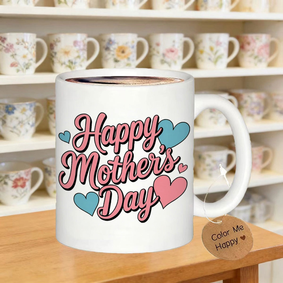 Tailorly White Ceramic 11 oz Mug - Happy Mother's Day Cute Pink And Blue Hearts Floating Around Stylized Cursive Text Heart