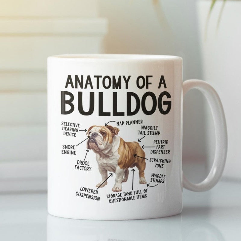 Tailorly White Ceramic 11 oz Mug - Anatomy Of A Bulldog Detailed Realistic Dog Sketch With Informative Text Labels Among Arrows Bulldog
