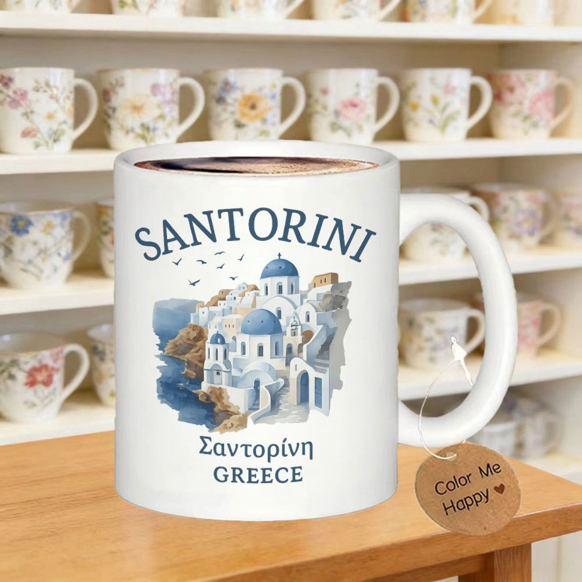 Tailorly White Ceramic 11 oz Mug - Santorini Greece Artistic Blue And White Watercolor Coastal Architecture Under Birds Scene