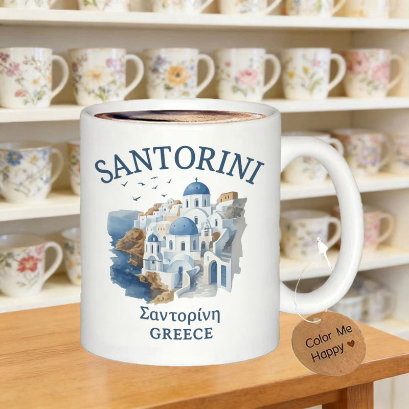 Tailorly White Ceramic 11 oz Mug - Santorini Greece Artistic Blue And White Watercolor Coastal Architecture Under Birds Scene