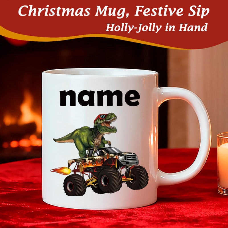 Tailorly White Ceramic 11 oz Mug - Name Powerful Green Tyrannosaurus Rex Riding On A Flaming High Octane Racing Monster Truck