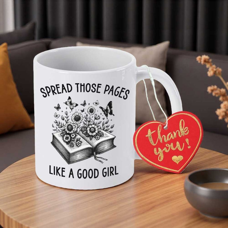 Tailorly White Ceramic 11 oz Mug - Spread Those Pages Like A Good Girl Detailed Line Art Of Open Book With Butterflies And Blooming Sunflowers Book