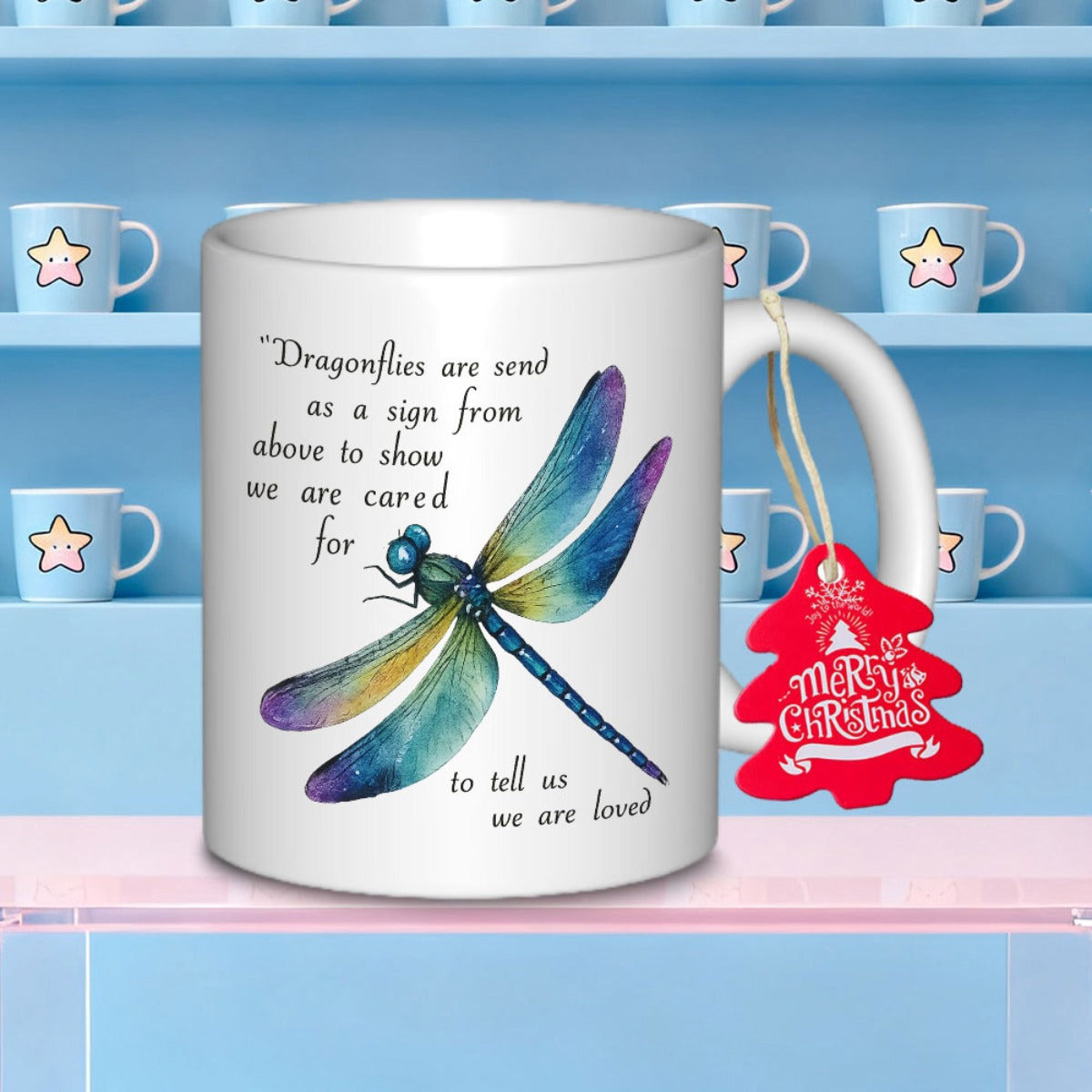 Tailorly White Ceramic 11 oz Mug - Dragonflies Are Sent As A Sign From Above To Show We Are Cared For To Tell Us We Are Loved Merry Christmas Watercolor Colorful