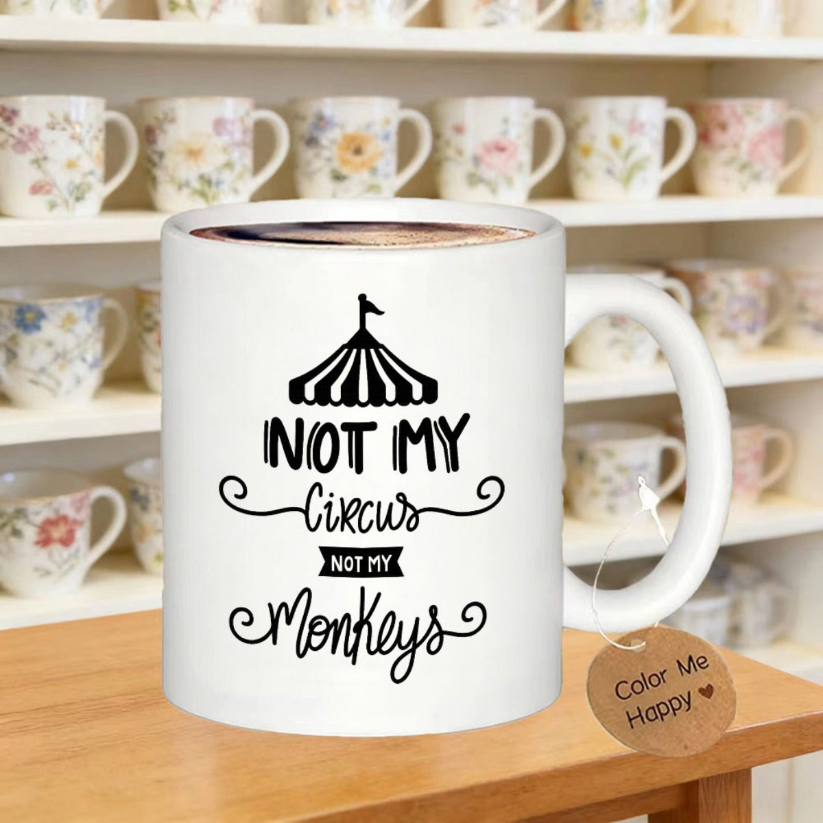 Tailorly White Ceramic 11 oz Mug - Not My Circus Not My Monkeys Whimsical Black Striped Canopy With Decorative Swirly Accents And Playful Script Tent
