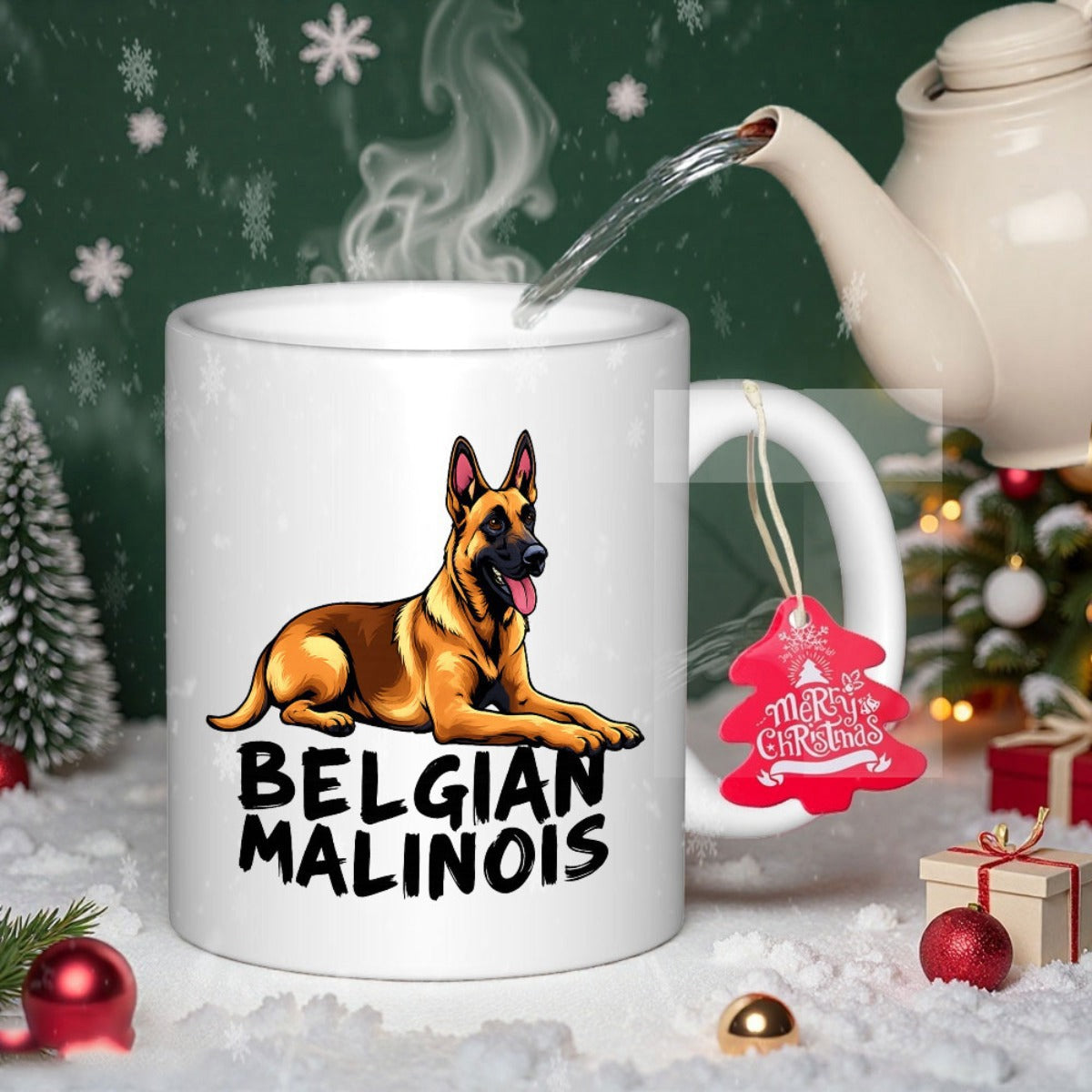 Tailorly White Ceramic 11 oz Mug - Belgian Malinois Majestic Alert Brown Dog Lying Still Among Festive Holiday Decorations Malinois