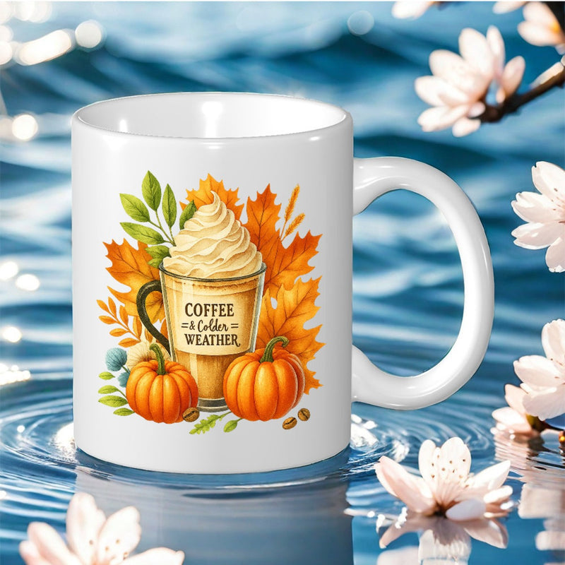 Tailorly White Ceramic 11 oz Mug - Coffee Cozier Weather Warm Seasonal Latte With Vibrant Autumn Leaves And Miniature Orange Pumpkins Mug