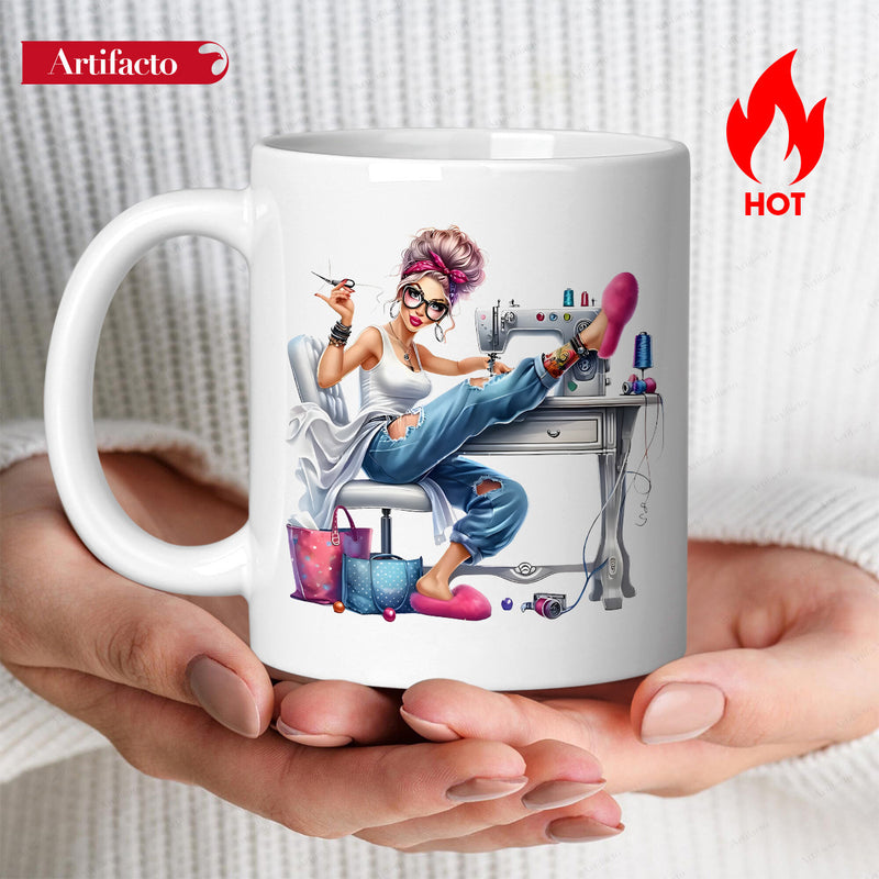 Tailorly White Ceramic 11 oz Mug - Stylish Fashionable Woman Sitting At Sewing Machine Working In Creative Studio Seamstress