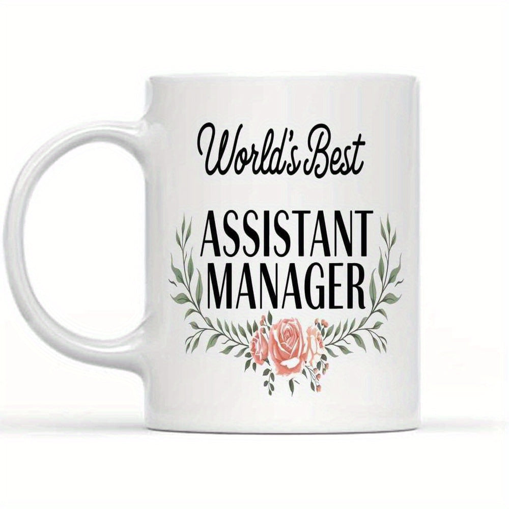 Tailorly White Ceramic 11 oz Mug - World's Best Assistant Manager Elegant Pink Roses And Green Leaves Forming A Floral Wreath Mug