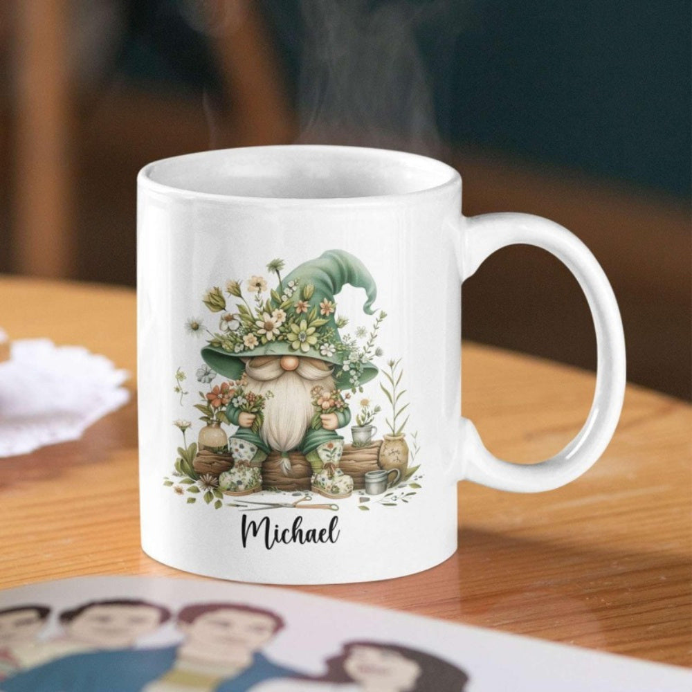 Tailorly White Ceramic 11 oz Mug - Michael Charming Garden Dwarf Wearing Flower Covered Hat Among Blooming Green Leaves Gnome