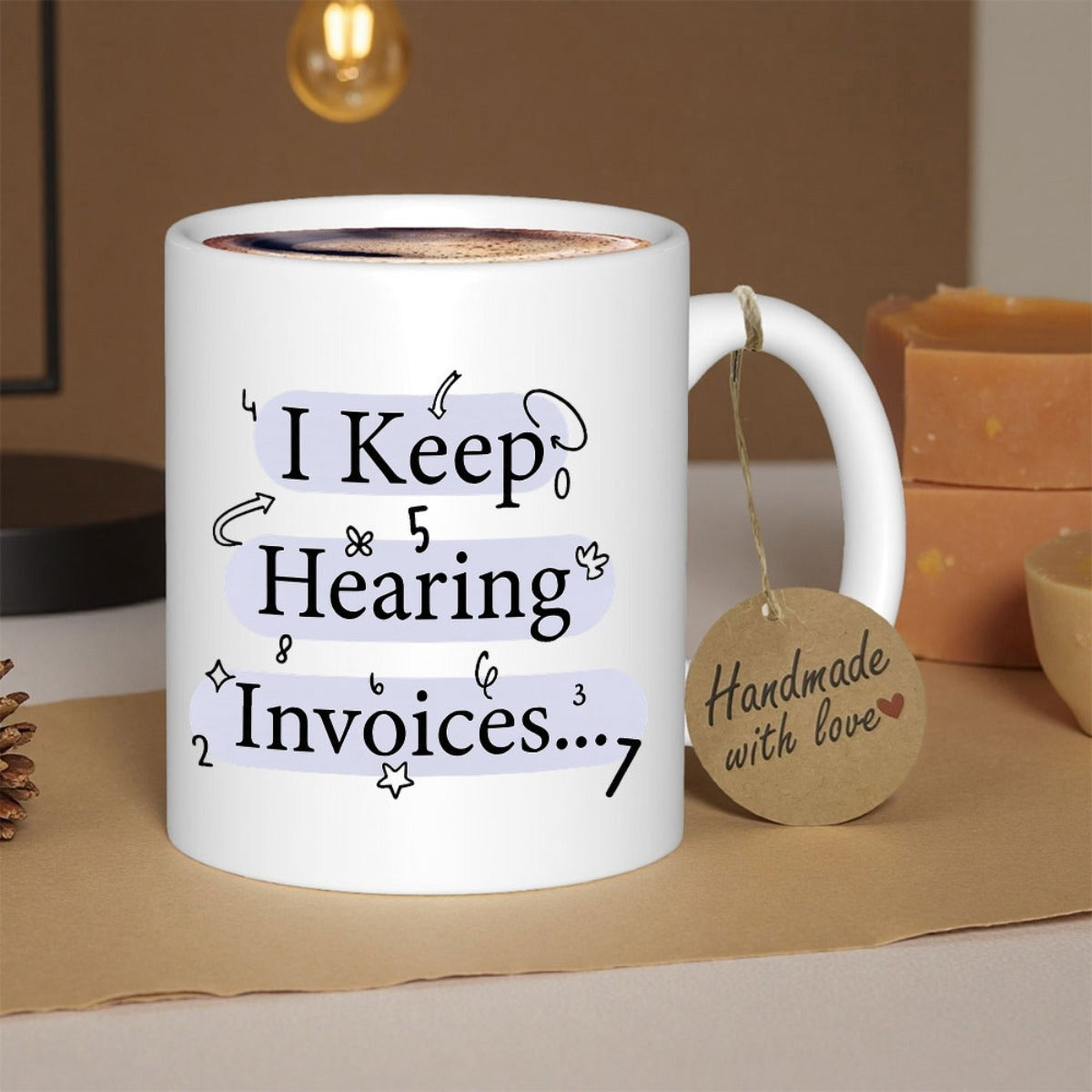 Tailorly White Ceramic 11 oz Mug - I Keep Hearing Invoices Minimalist White Ceramic Vessel Featuring Playful Scribbles And Floating Numbers Mug