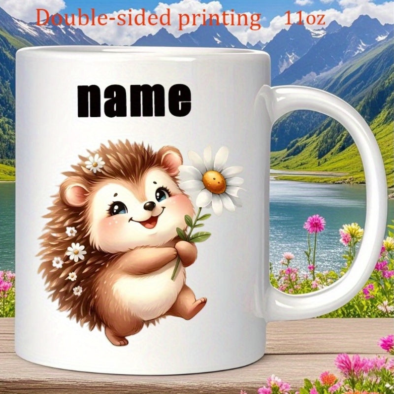 Tailorly White Ceramic 11 oz Mug - Name Cute Cartoon Animal With Brown Spikes Holding A White Blooming Daisy Hedgehog