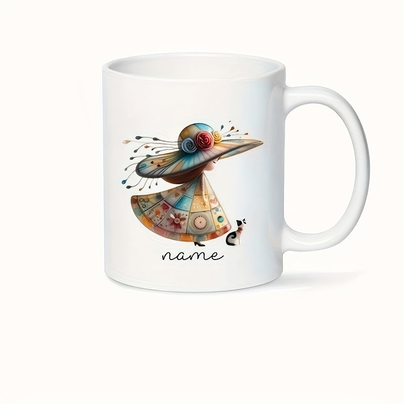 Tailorly White Ceramic 11 oz Mug - Name Whimsical Character With Large Hat And Patchwork Dress Following Small Kitten Girl