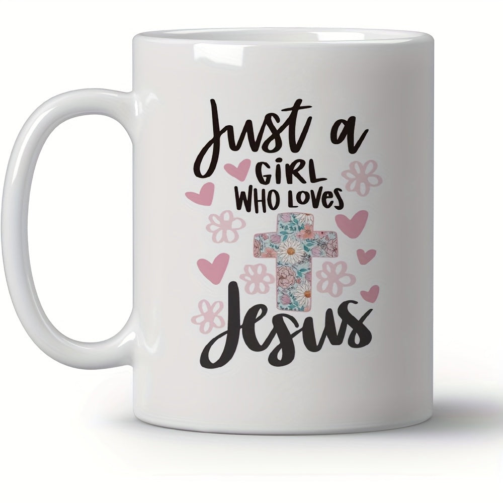 Tailorly White Ceramic 11 oz Mug - Just A Girl Who Loves Jesus Floral Patterned Religious Cross Surrounded By Pink Hearts And Delicate Outlined Flowers Cross