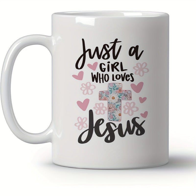 Tailorly White Ceramic 11 oz Mug - Just A Girl Who Loves Jesus Floral Patterned Religious Cross Surrounded By Pink Hearts And Delicate Outlined Flowers Cross