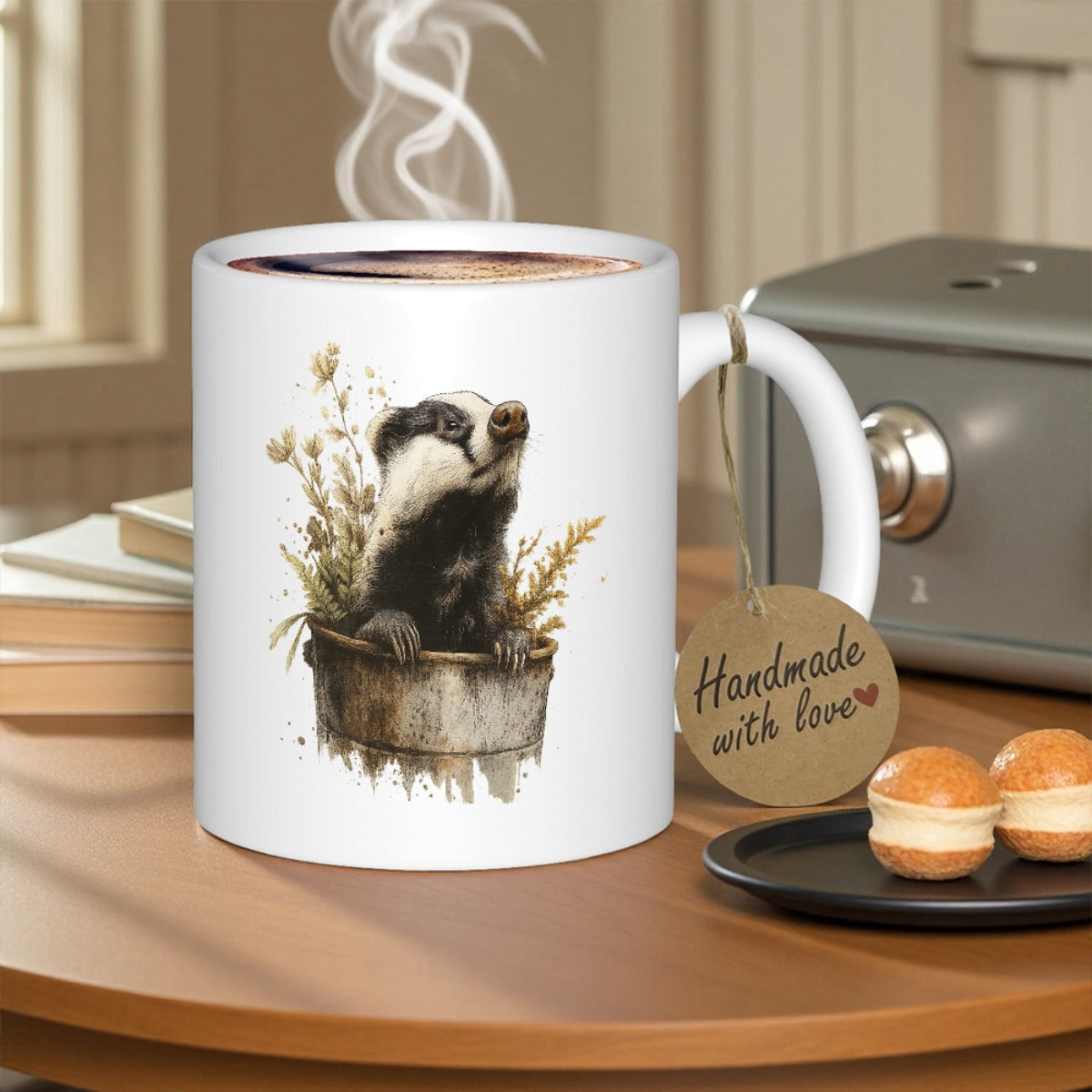 Tailorly White Ceramic 11 oz Mug - Charming Forest Animal Sitting In Rustic Wooden Bucket Among Dried Wildflowers Badger
