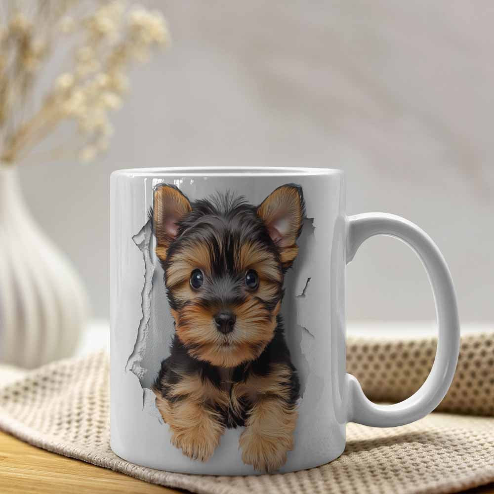 Tailorly White Ceramic 11 oz Mug - Adorable Puppy Peeking Through A Torn Paper Effect With Sweet Eyes Yorkshire Terrier