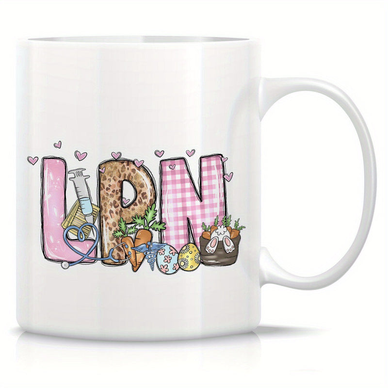 Tailorly White Ceramic 11 oz Mug - LPN Decorative Medical Tools Combined With Spring Easter Garden Patterns And Letters