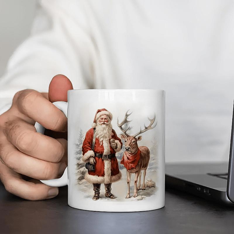 Tailorly White Ceramic 11 oz Mug - Traditional Vintage Santa Claus Standing Together With A Scarf Wearing Reindeer Santa Claus