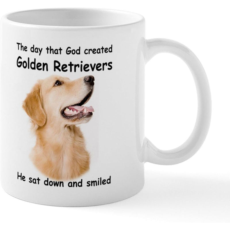 Tailorly White Ceramic 11 oz Mug - The Day That God Created Golden Retrievers He Sat Down And Smiled Happy Smiling Golden Dog With Fur Detail Under Bright Light
