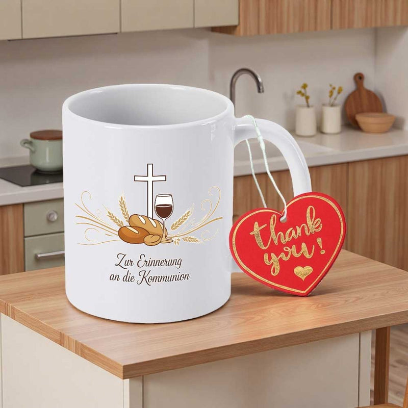 Tailorly White Ceramic 11 oz Mug - Thank You Sacred Religious Elements With Wheat And Bread Surrounding A Holy Cross