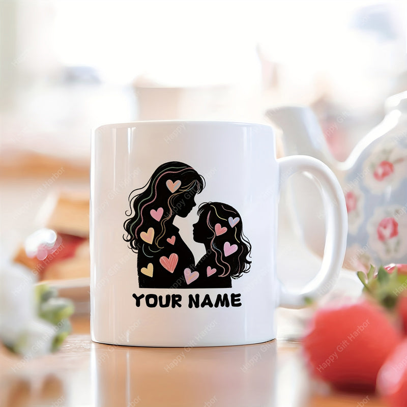 Tailorly White Ceramic 11 oz Mug - Your Name Loving Mother And Daughter Surrounded By Soft Pink Hearts Silhouette