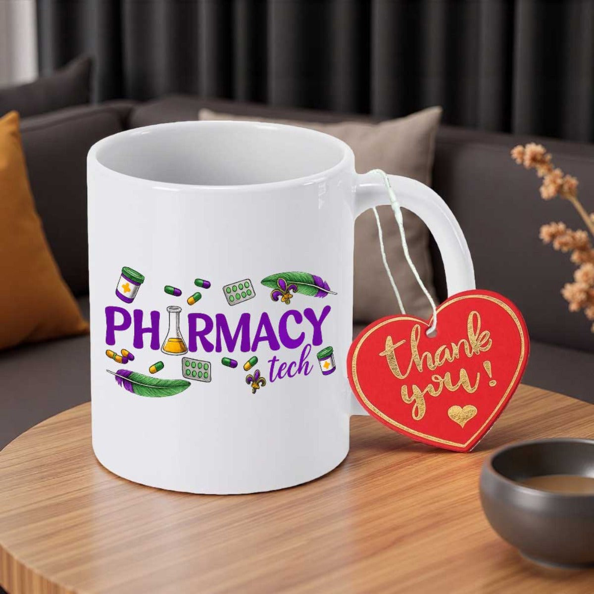 Tailorly White Ceramic 11 oz Mug - Pharmacy Tech Thank You Medical Supplies And Colorful Pills Surrounding Purple Bold Text Mug