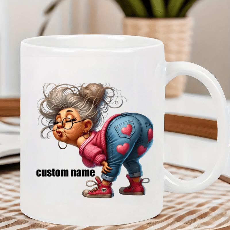 Tailorly White Ceramic 11 oz Mug - Custom Name Fun Elderly Lady Wearing Pink Heart Patterned Blue Denim Jeans Lady