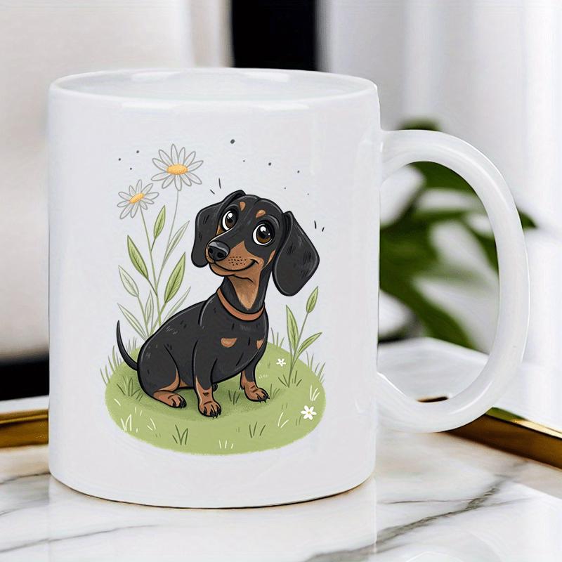 Tailorly White Ceramic 11 oz Mug - Adorable Black And Tan Puppy Sitting In Grassy Meadow Among White Daisies Dachshund