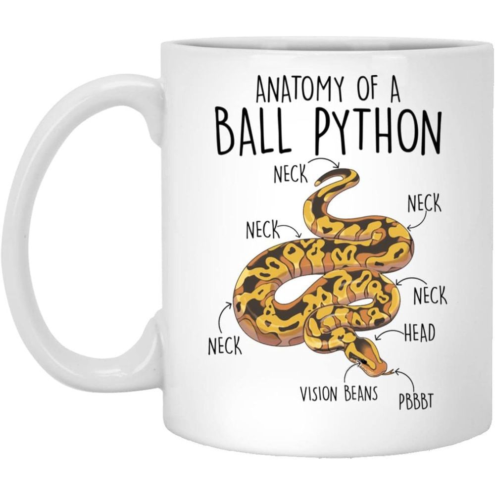 Tailorly White Ceramic 11 oz Mug - Anatomy Of A Ball Python Coiled Spotted Snake With Humorous Anatomical Labels Ball Python