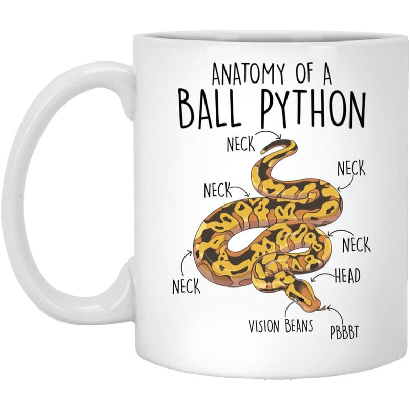 Tailorly White Ceramic 11 oz Mug - Anatomy Of A Ball Python Coiled Spotted Snake With Humorous Anatomical Labels Ball Python