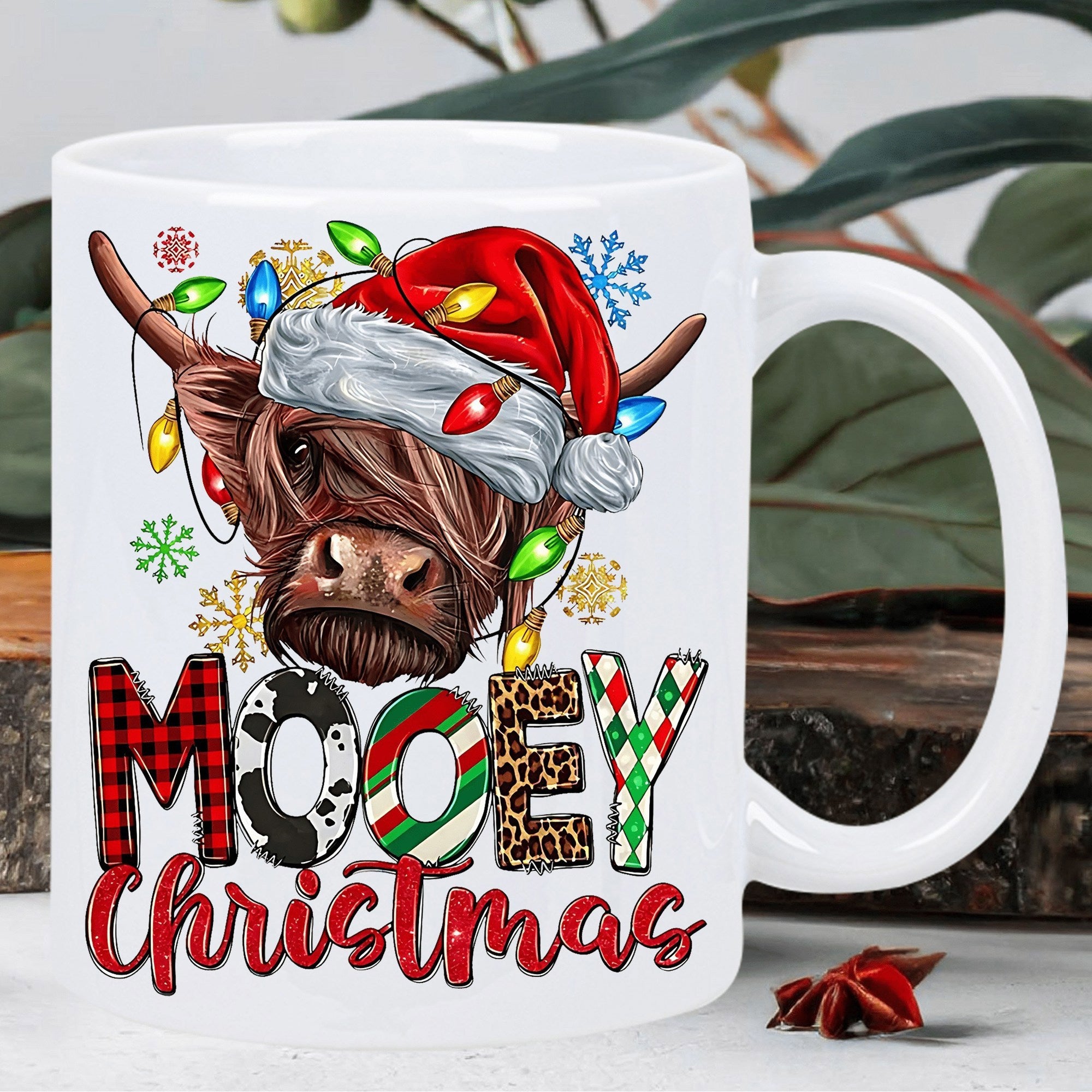 Tailorly White Ceramic 11 oz Mug - Mooey Christmas Festive Wearing Red Santa Hat And Colorful Glowing Twinkling Lights Cow