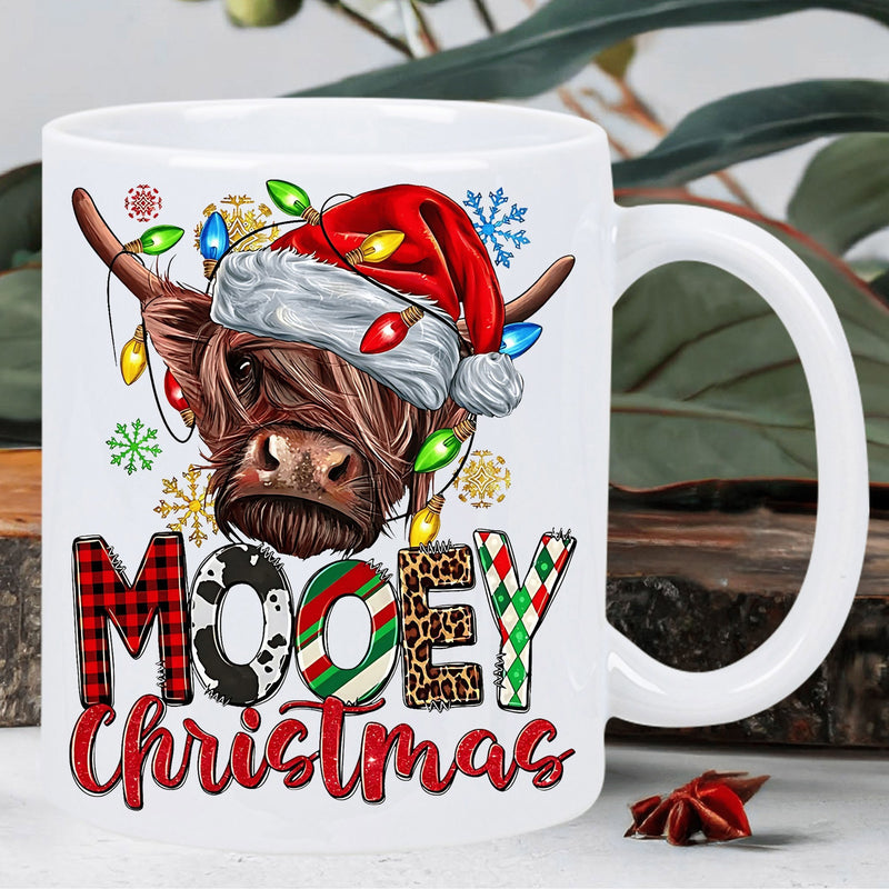 Tailorly White Ceramic 11 oz Mug - Mooey Christmas Festive Wearing Red Santa Hat And Colorful Glowing Twinkling Lights Cow