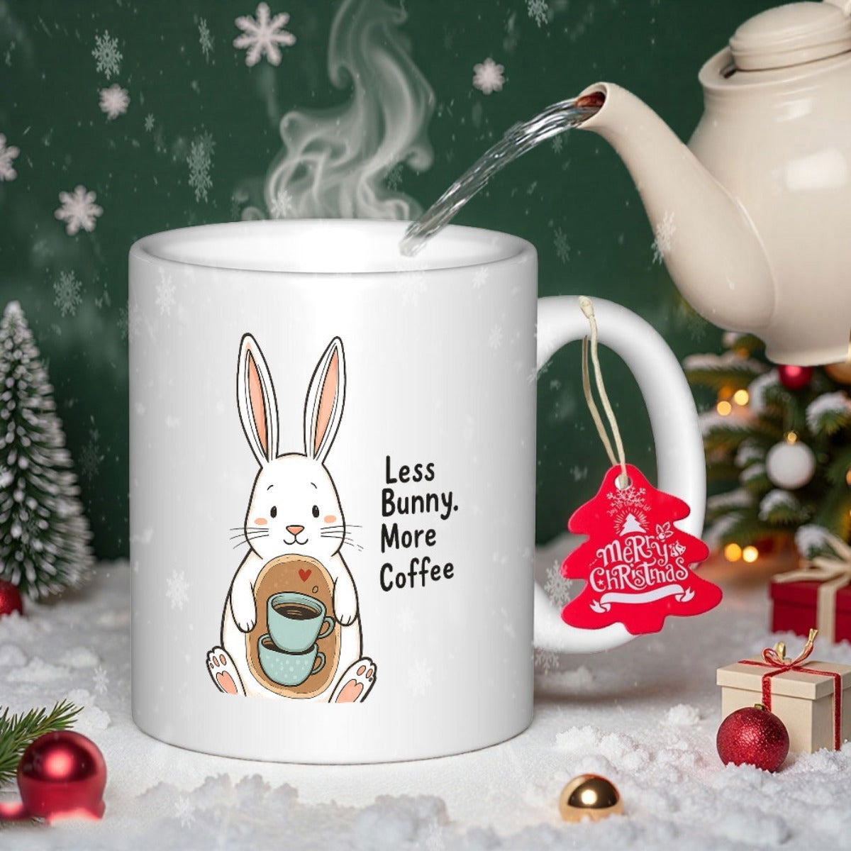 Tailorly White Ceramic 11 oz Mug - Less Bunny More Coffee Cute Cartoon Rabbit Sitting Down While Holding Two Small Coffee Cups Rabbit