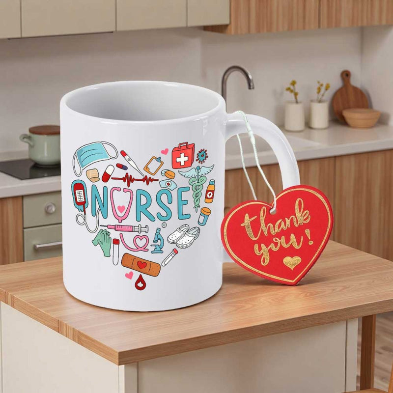 Tailorly White Ceramic 11 oz Mug - Nurse Thank You Heart Shaped Medical Icons Including Mask Stethoscope And Bandage Heart