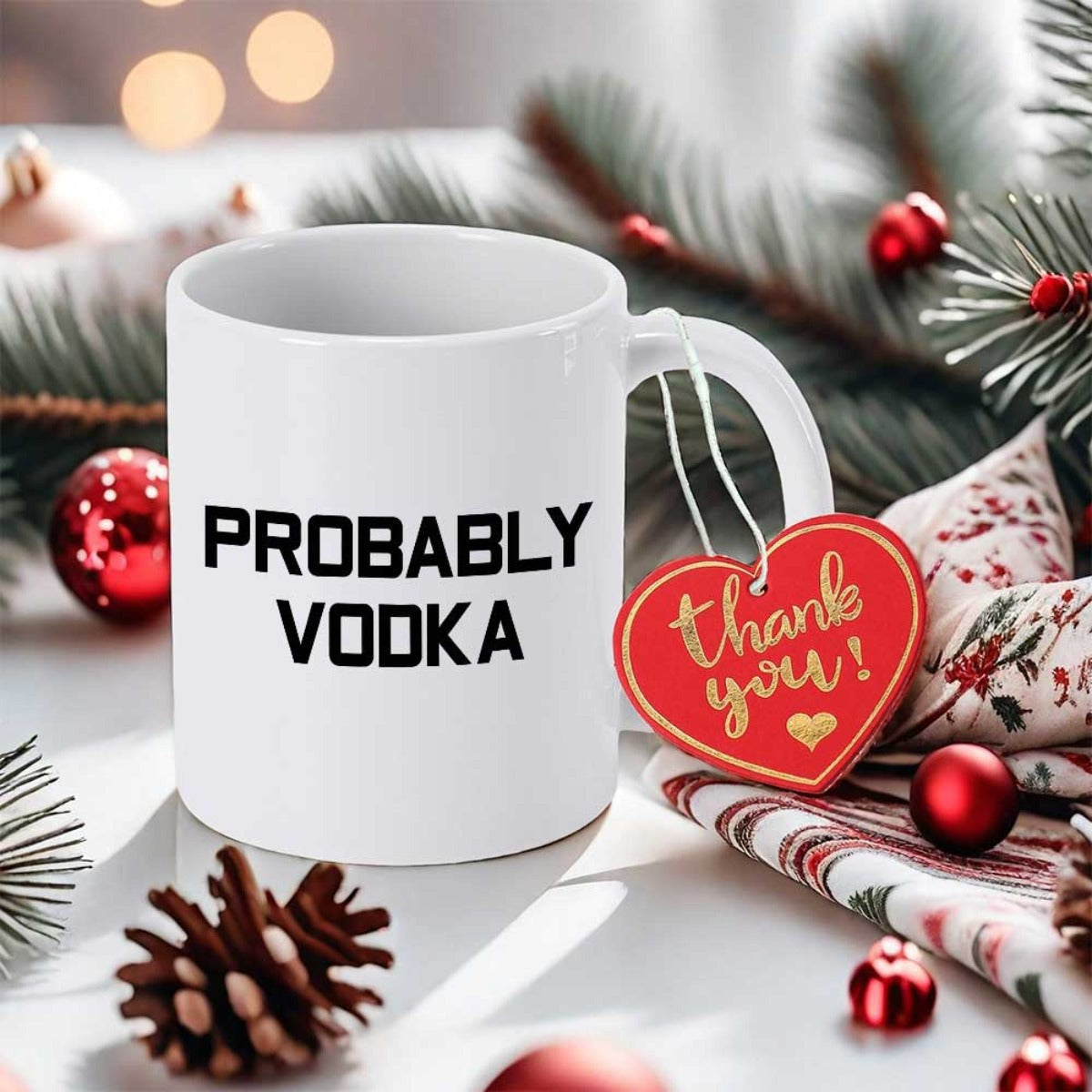 Tailorly White Ceramic 11 oz Mug - Probably Vodka Elegant Surrounded By Festive Winter Pine And Red Ornaments Mug