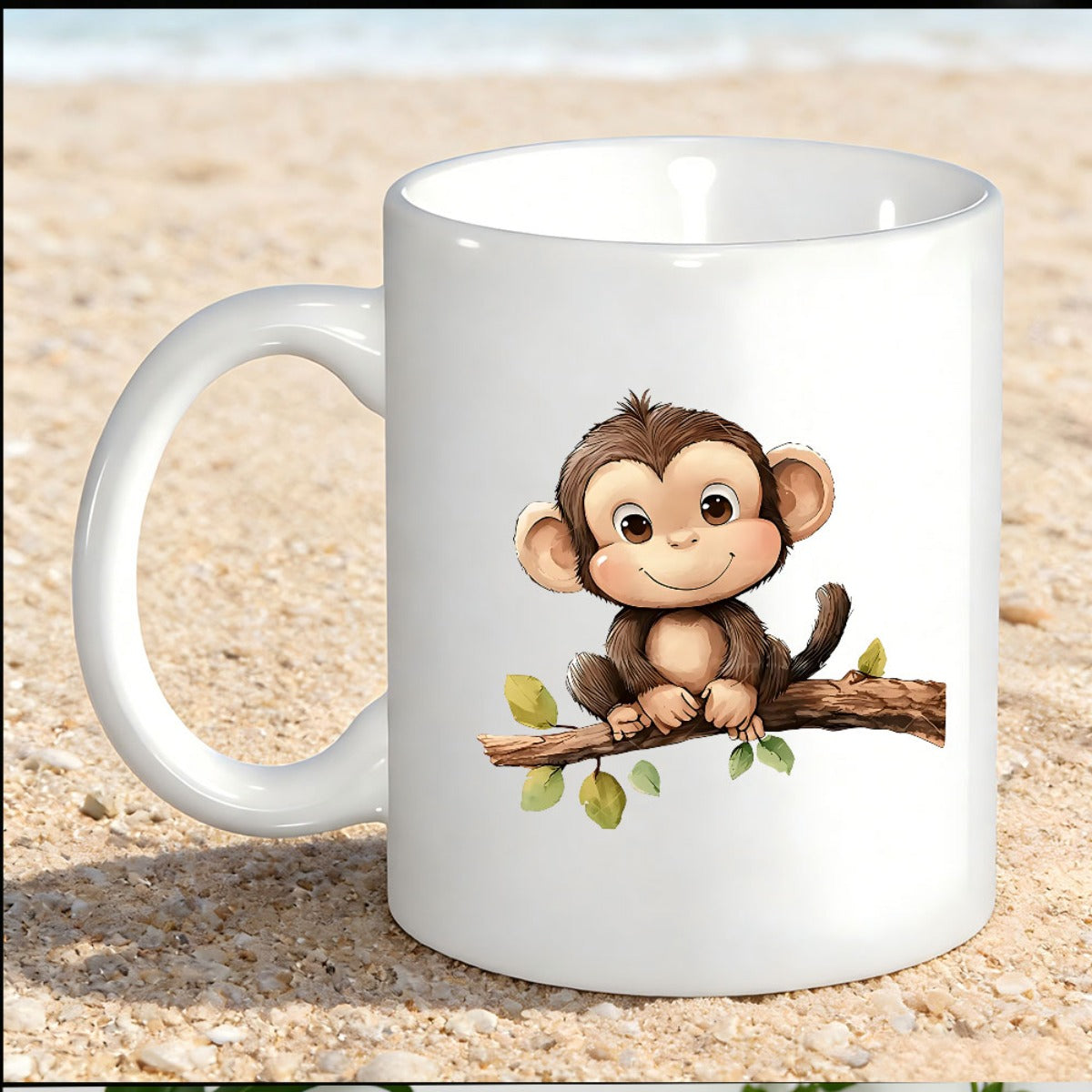 Tailorly White Ceramic 11 oz Mug - Adorable Little Baby Monkey Sitting Comfortably On A Wooden Tree Branch Monkey