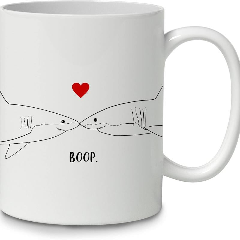 Tailorly White Ceramic 11 oz Mug - Boop Minimalist Line Art Sharks Touching Noses Under A Small Red Heart Shark