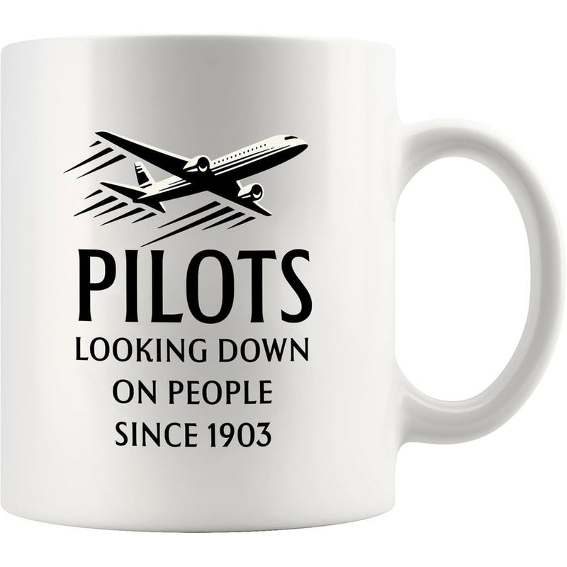 Tailorly White Ceramic 11 oz Mug - Pilots Looking Down On People Since 1903 Sleek Modern Commercial Jetliner Flying Diagonally With Graphic Speed Lines Airplane