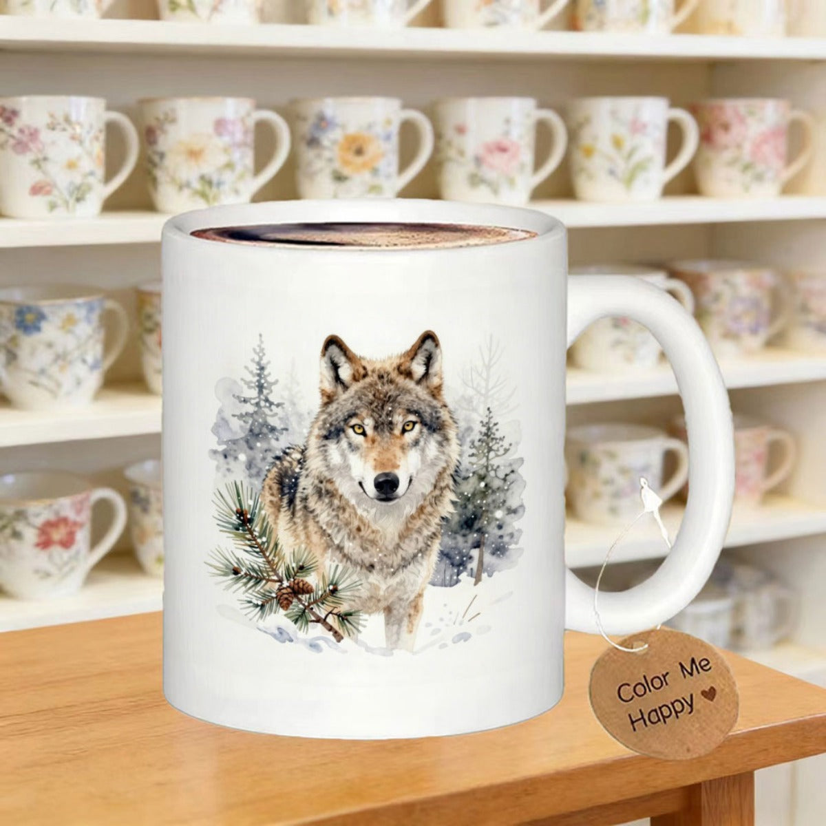 Tailorly White Ceramic 11 oz Mug - Majestic Wild Creature Standing Among Snowy Pine Trees Winter Scene Wolf