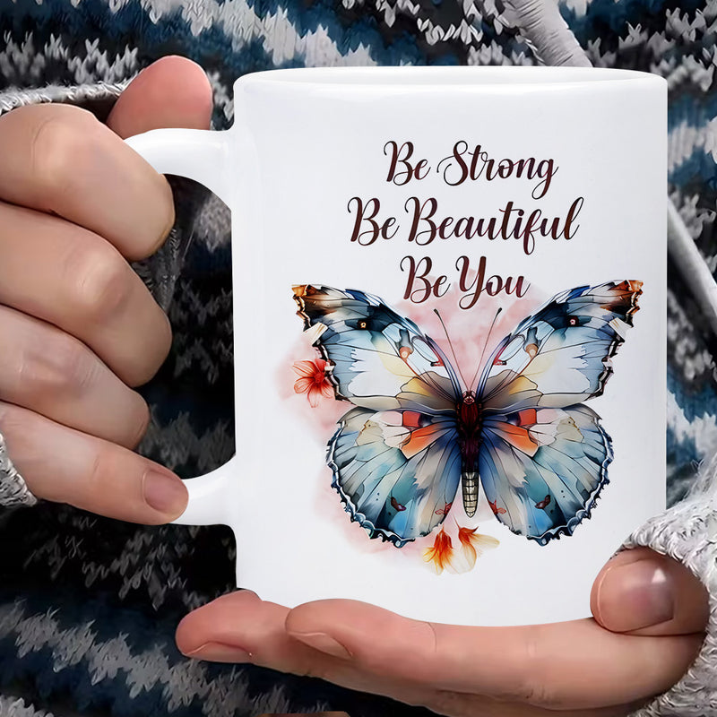 Tailorly White Ceramic 11 oz Mug - Be Strong Be Beautiful Be You Vibrant Blue Watercolor Wings Surrounded By Delicate Soft Flowers Butterfly