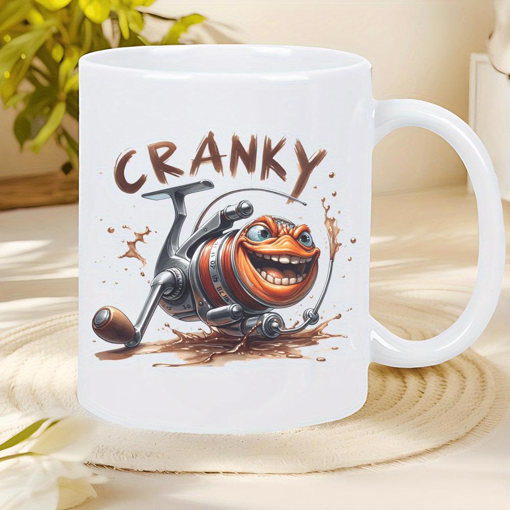 Tailorly White Ceramic 11 oz Mug - Cranky Humorous Characterized Spinning Reel With A Joyful Wide Open Grin Fishing Reel