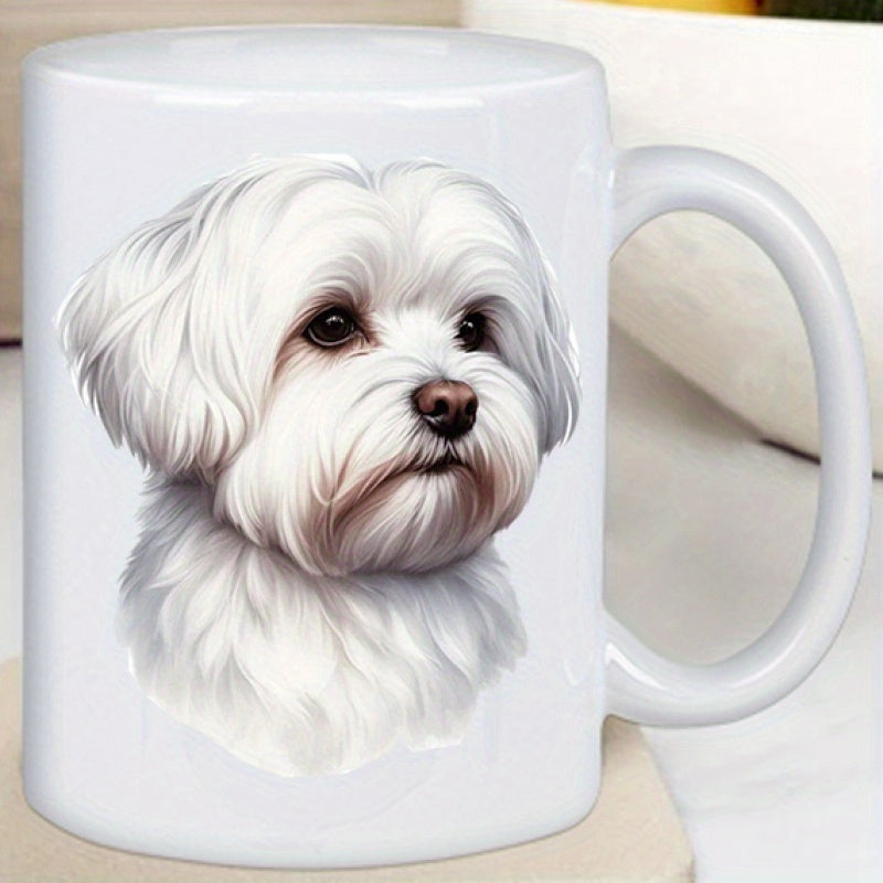 Tailorly White Ceramic 11 oz Mug - Realistic Fluffy White Pet Portrait With Long Soft Fur Detailed Cute Dog