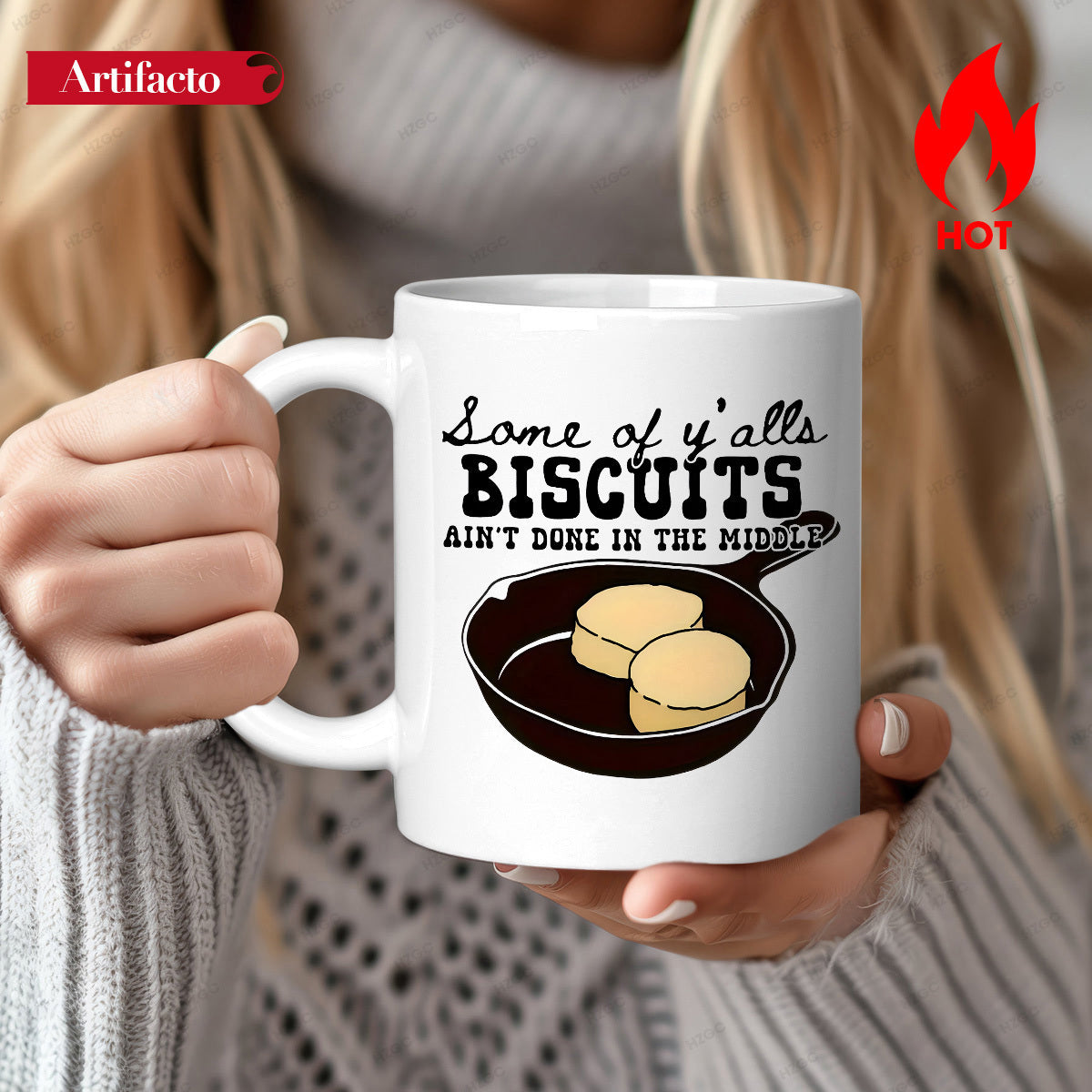 Tailorly White Ceramic 11 oz Mug - Some Of Yalls Biscuits Aint Done In The Middle Two Fluffy Round Biscuits Placed Inside A Rustic Black Skillet